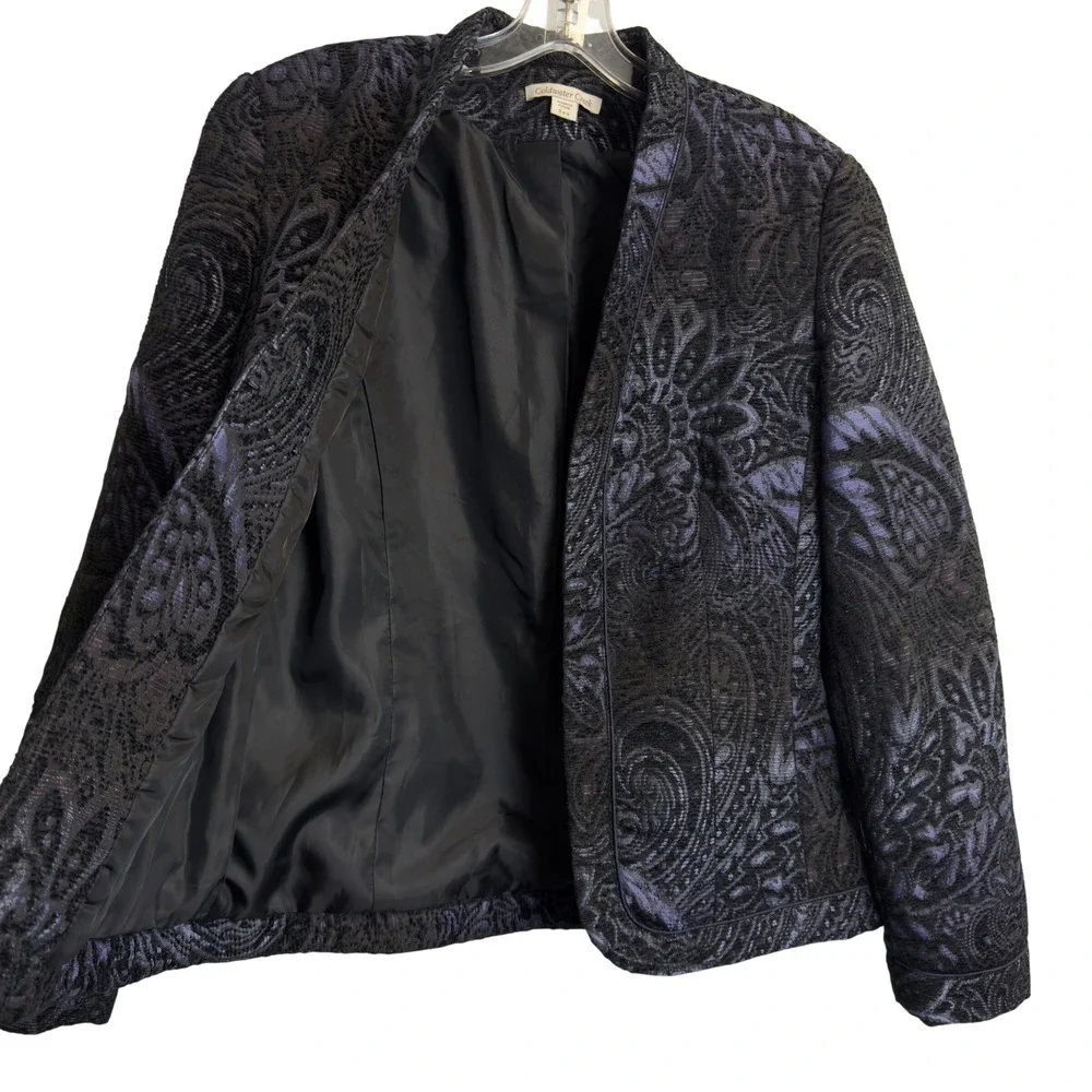 Coldwater Creek Womens Navy Blue Black Paisley Brocade Open‎ Front Jacket S 6-8